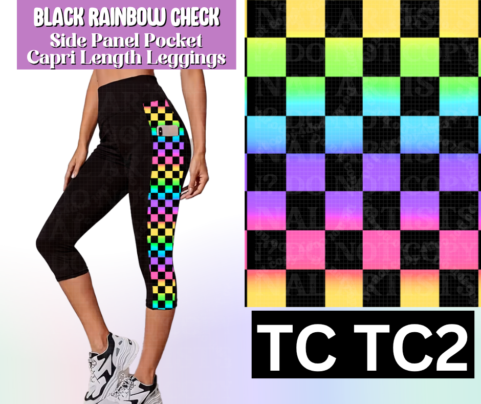 Black Rainbow Check Panel Pocket Capri Length Leggings