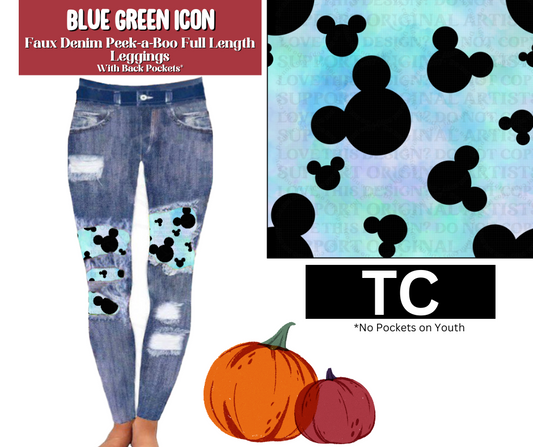 Blue Green Icon Faux Denim Full Length Peekaboo Leggings