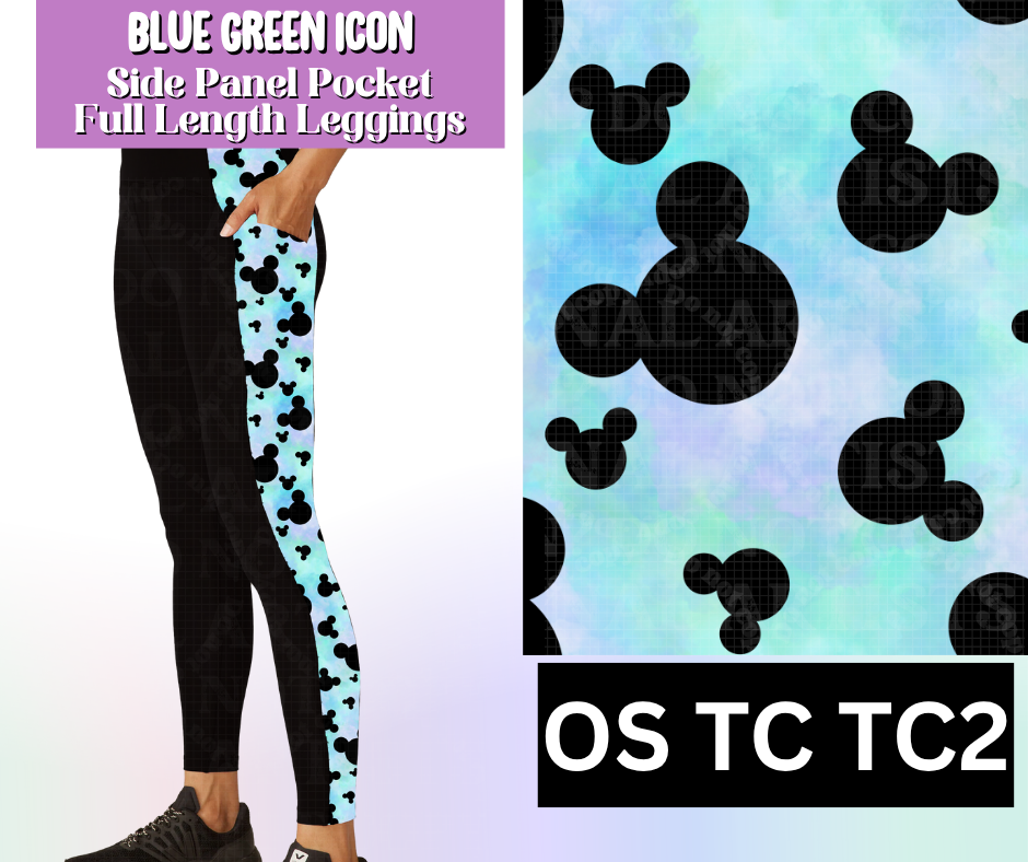 Blue Green Icon Side Panel Pocket Full Length Leggings