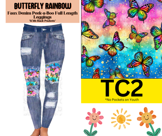 Butterfly Rainbow Faux Denim Full Length Peekaboo Leggings
