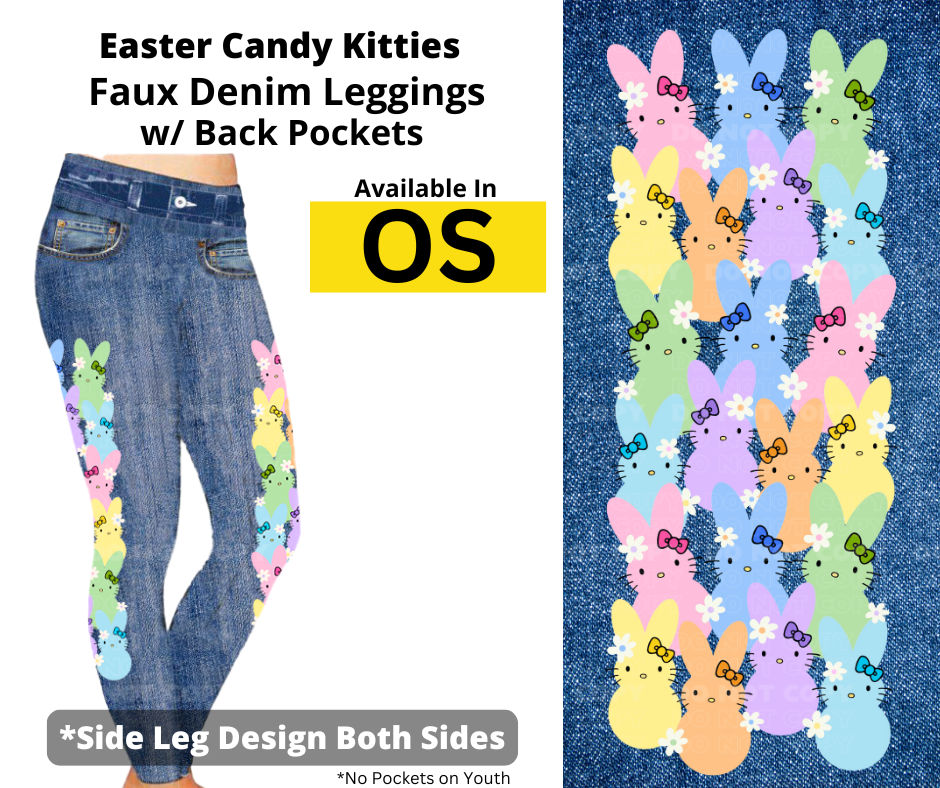 Easter Candy Kitties Full Length Faux Denim w/ Side Leg Designs
