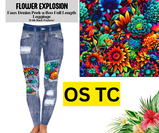 Flower Explosion Faux Denim Full Length Peekaboo Leggings