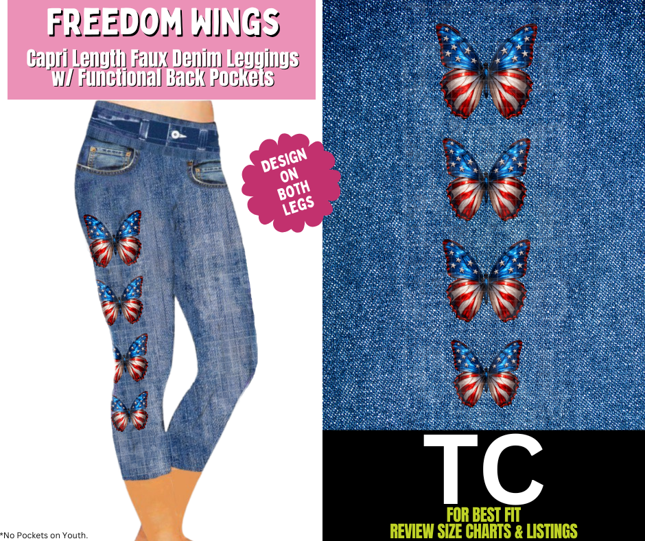 Freedom Wings Capri Faux Denim w/ Side Leg Designs