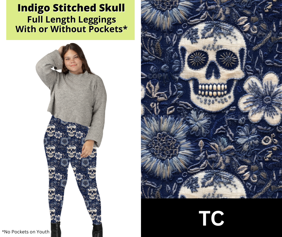 Indigo Stitched Skull Full Length Leggings w/ Pockets