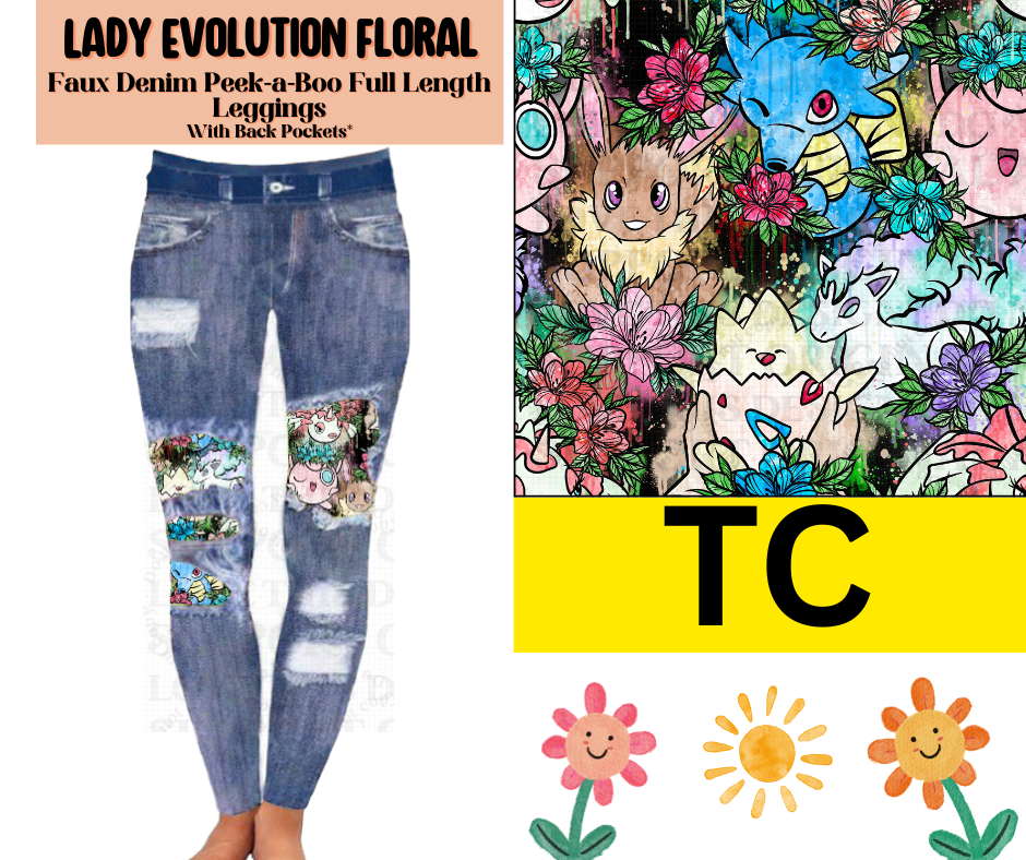 Lady Evolution Floral Faux Denim Full Length Peekaboo Leggings