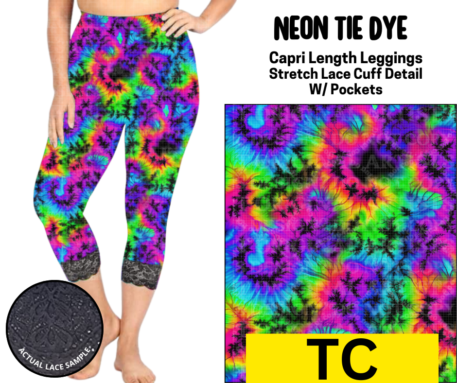 Neon Tie Dye Lace Cuff Capris w/ Pockets