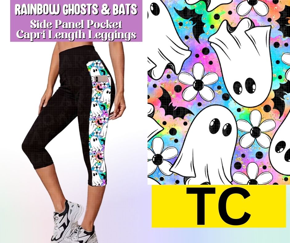 Rainbow Ghosts & Bats Side Panel Pocket Capri Length Leggings