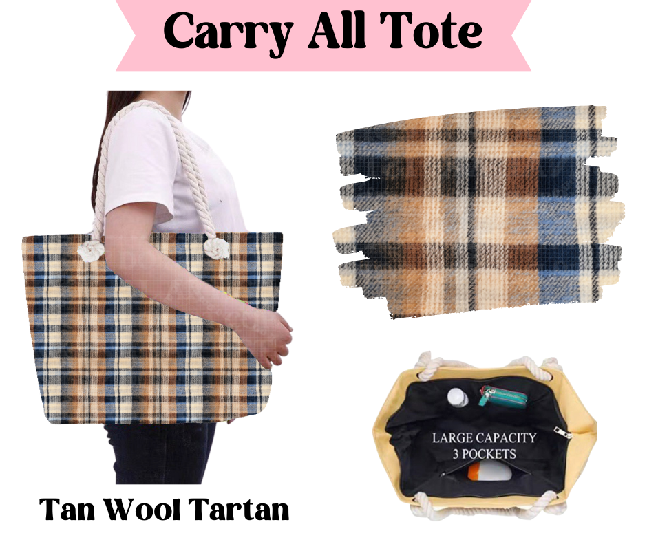 Tan Wool Tartan Carry All Tote