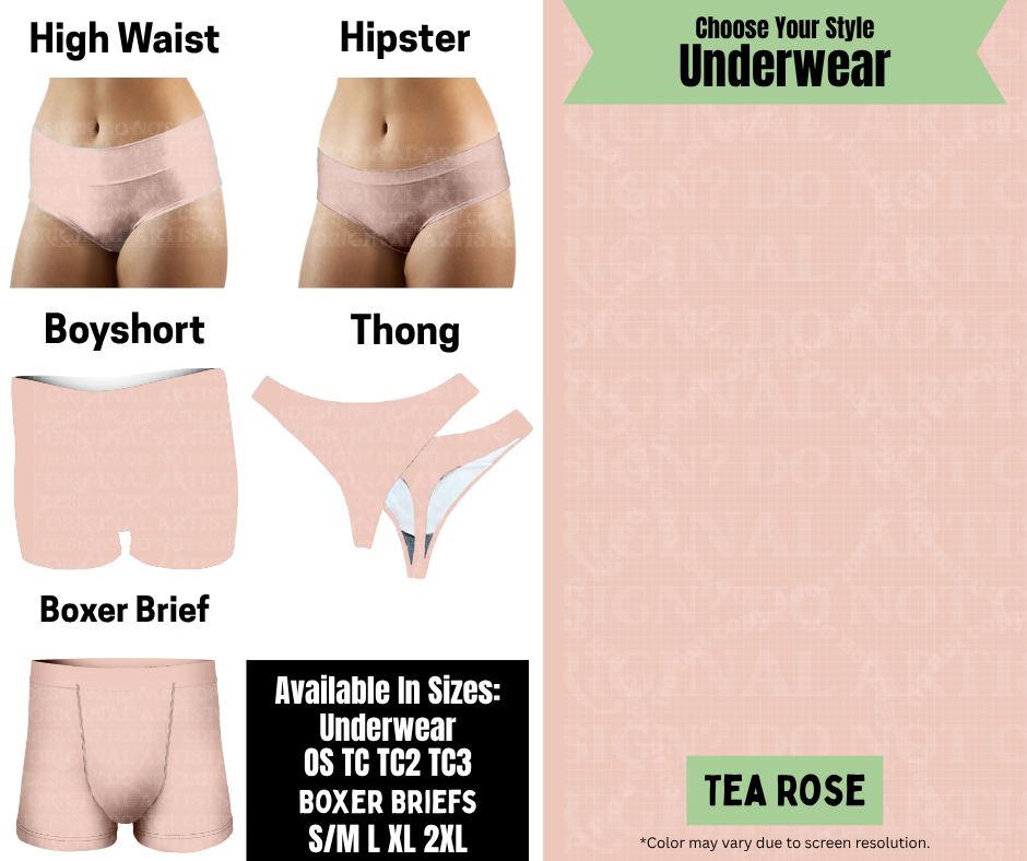 Preorder! Closes 8/25. ETA Nov. Tea Rose Hipster, High Waist, Boyshort, & Thong Underwear & Boxer Briefs