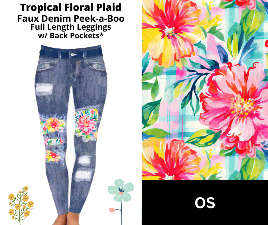 Tropical Floral Plaid Faux Denim Full Length Peekaboo Leggings