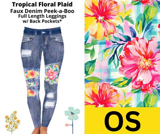 Tropical Floral Plaid Faux Denim Full Length Peekaboo Leggings