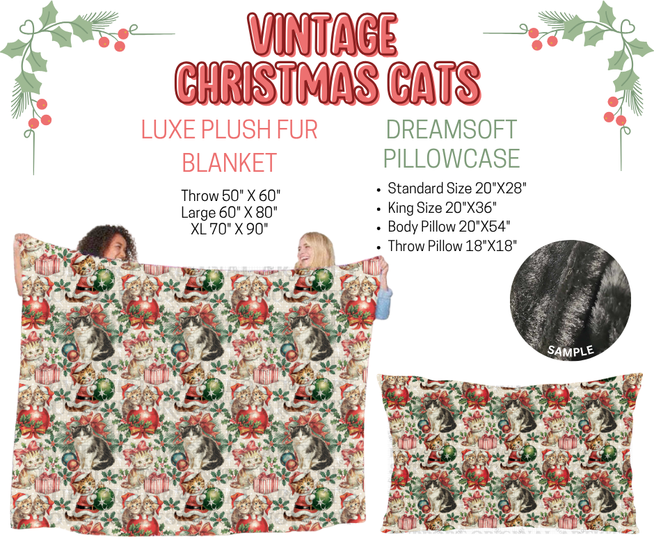 Preorder! Closes 9/3. ETA Dec. Vintage Christmas Cats Luxe Plush Fur Blanket and/or DreamSoft Pillowcase