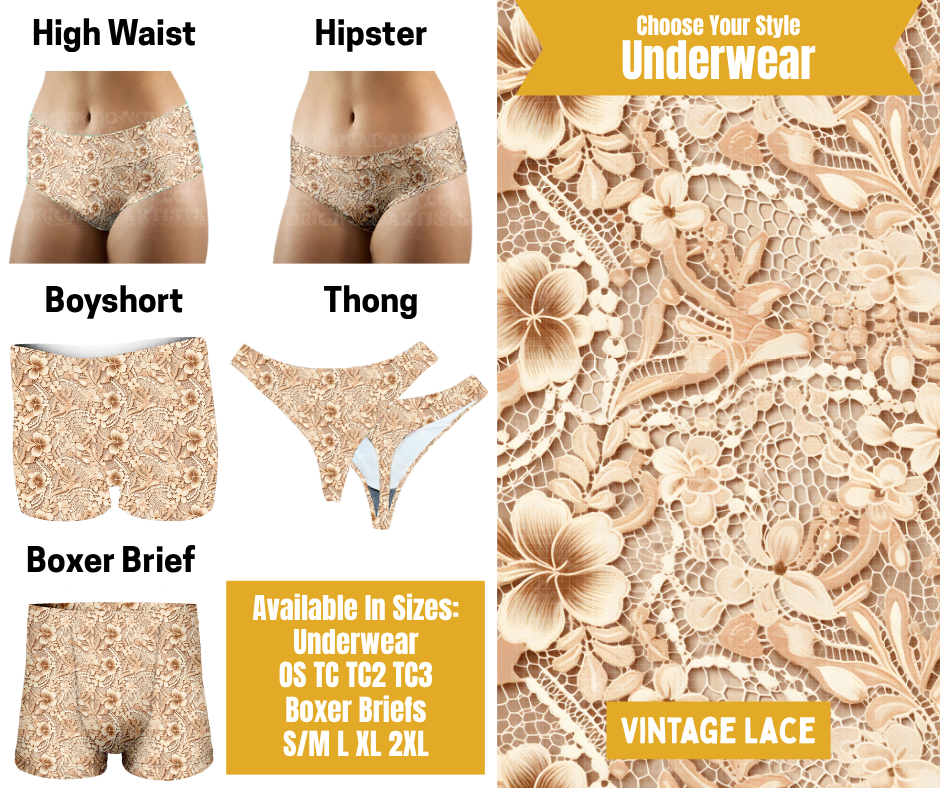 Preorder! Closes 10/28. ETA Jan. Vintage Lace Hipster, High Waist, Boyshort, & Thong Underwear & Boxer Briefs