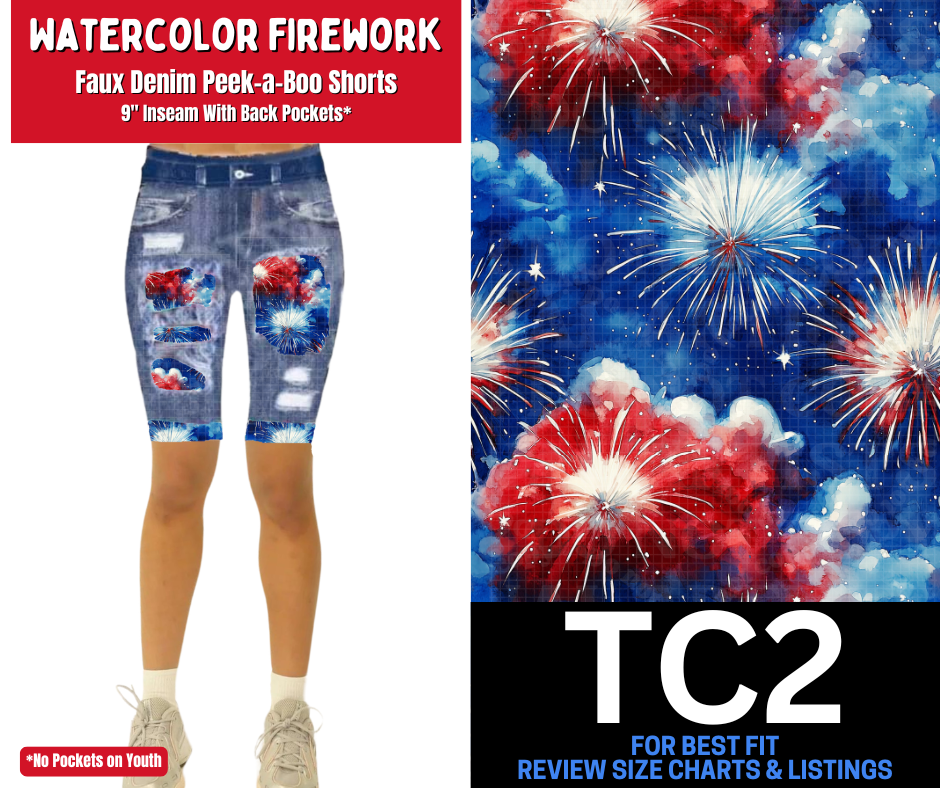 Watercolor Firework Faux Denim Peekaboo Jamaica Shorts
