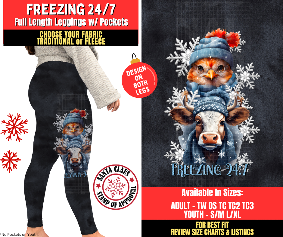 Preorder! Closes 8/27. ETA Nov. Freezing 24/7 Watercolor Leggings w/ Side Leg Designs Choose Fleece or Traditional