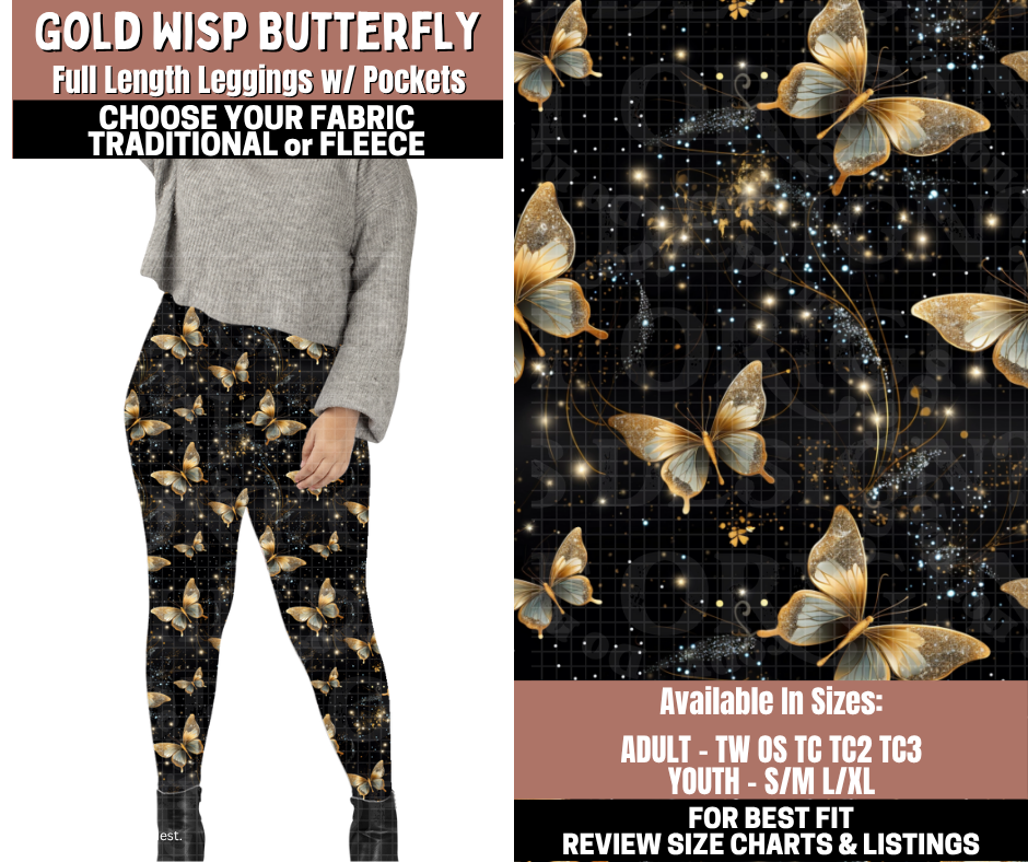 Preorder! Closes 11/3. ETA Jan. Gold Wisp Butterfly Full Length Leggings w/wo Pockets
