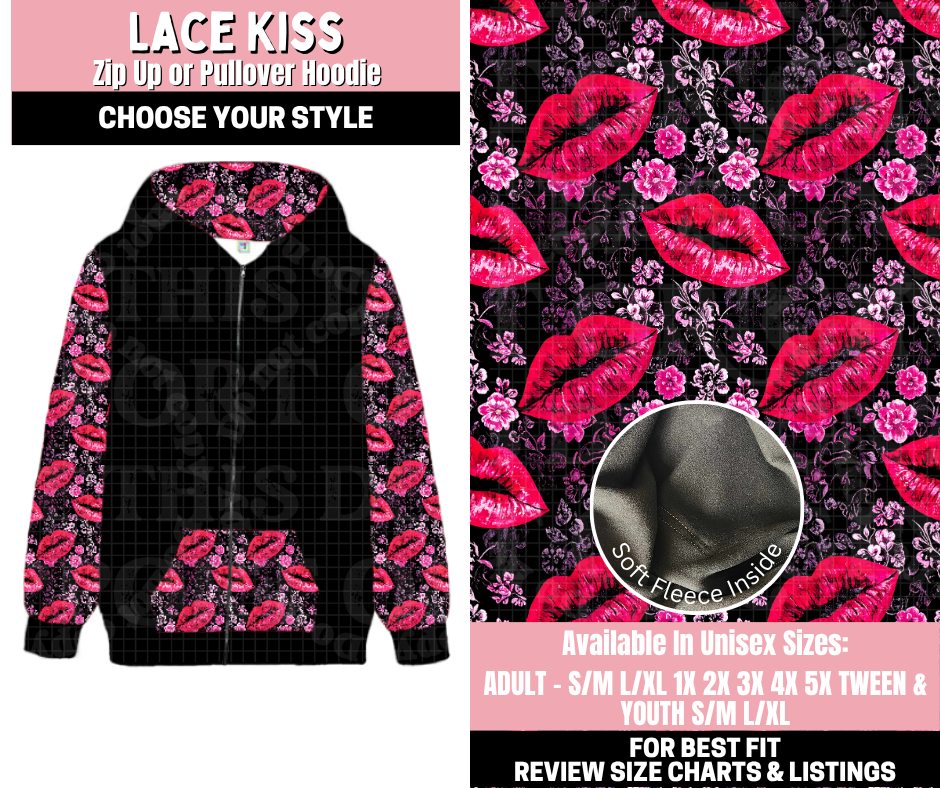 Preorder! Closes 11/12. ETA Jan. Lace Kiss Zip-Up or Pullover Hoodie