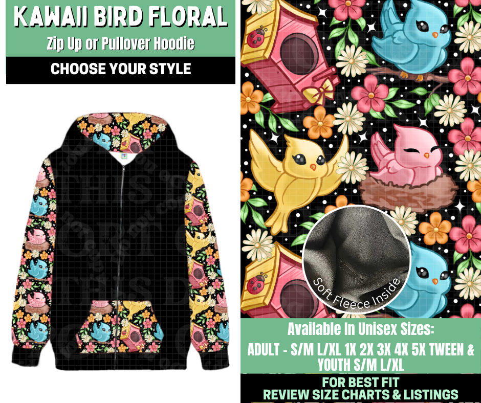 Preorder! Closes 1/7. ETA March. Kawaii Bird Floral Zip-Up or Pullover Hoodie