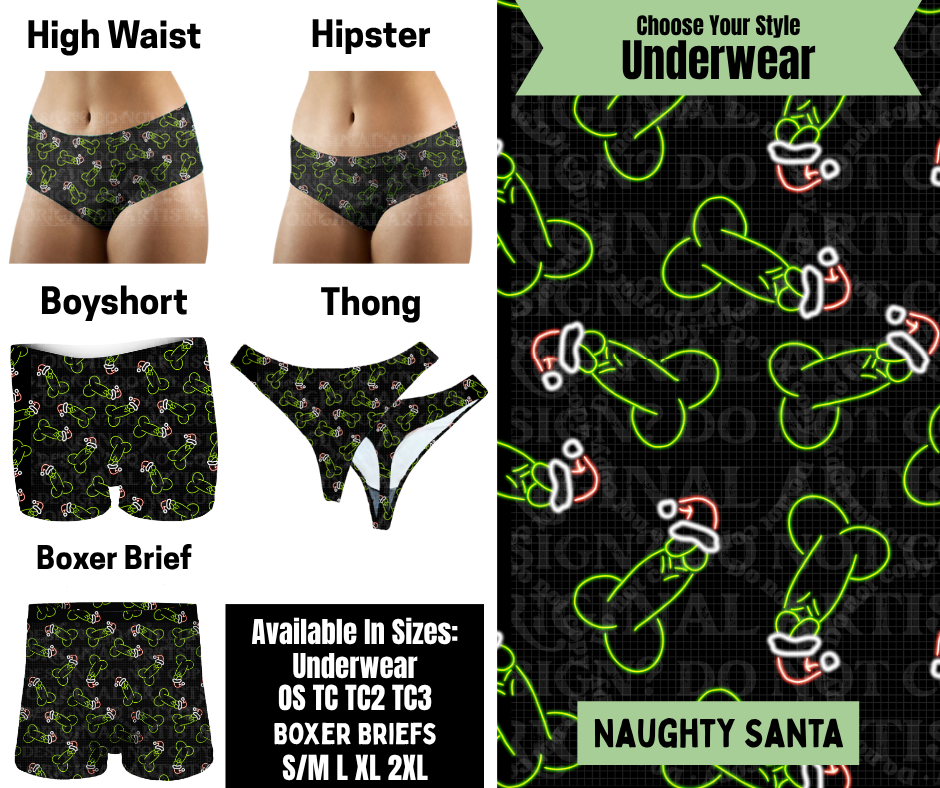 Preorder! Closes 8/25. ETA Nov. Naughty Santa Hipster, High Waist, Boyshort, & Thong Underwear & Boxer Briefs