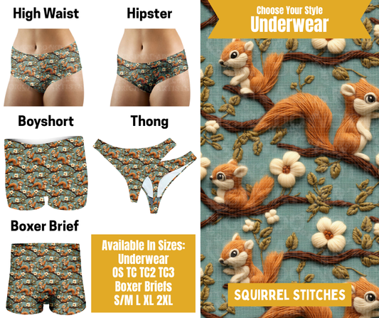 Preorder! Closes 10/28. ETA Jan. Squirrel Stitches Hipster, High Waist, Boyshort, & Thong Underwear & Boxer Briefs