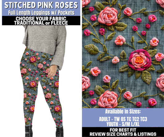 Preorder! Closes 10/30. ETA Jan. Stitched Pink Roses Leggings Choose Fleece or Traditional