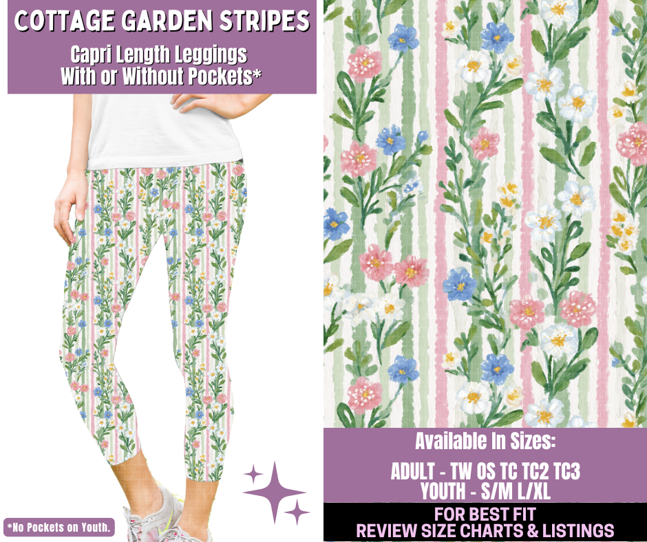 Preorder! Closes 1/14. ETA April. Cottage Garden Stripes Capri Length Leggings w/wo Pockets