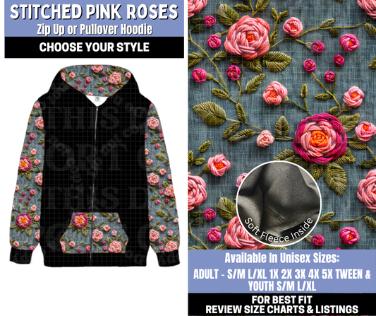 Preorder! Closes 10/30. ETA Jan. Stitched Pink Roses Zip-Up or Pullover Hoodie