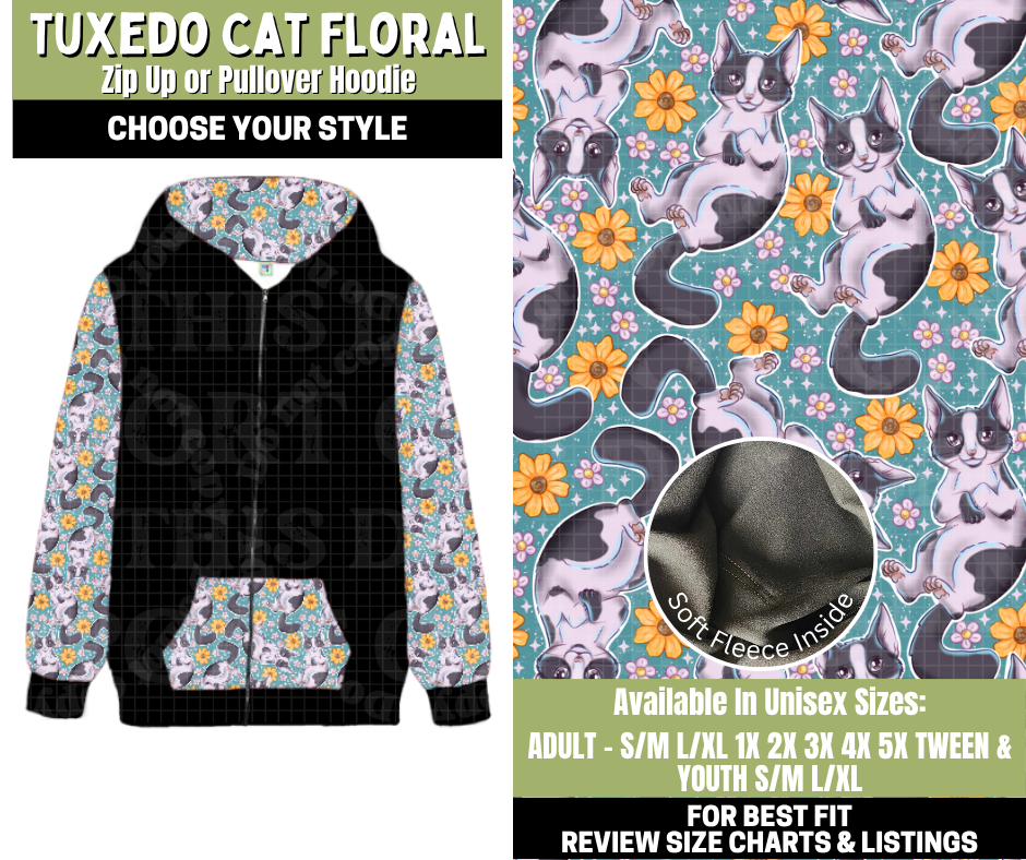 Preorder! Closes 11/6. ETA Jan. Tuxedo Cat Floral Zip-Up or Pullover Hoodie