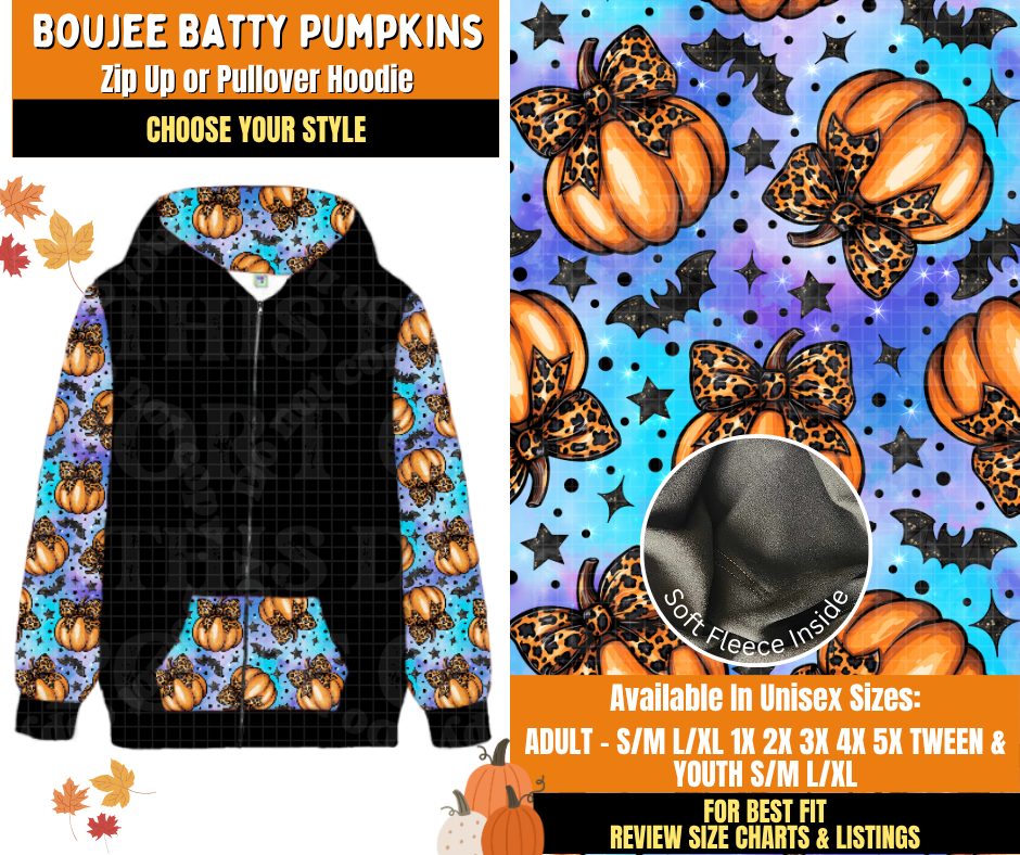 Preorder! Closes 7/16. ETA Oct. Boujee Batty Pumkpins Zip-Up or Pullover Hoodie