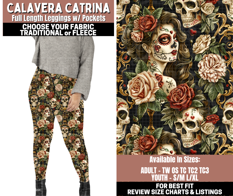 Preorder! Closes 11/3. ETA Jan. Calavera Catrina Full Length Leggings w/wo Pockets