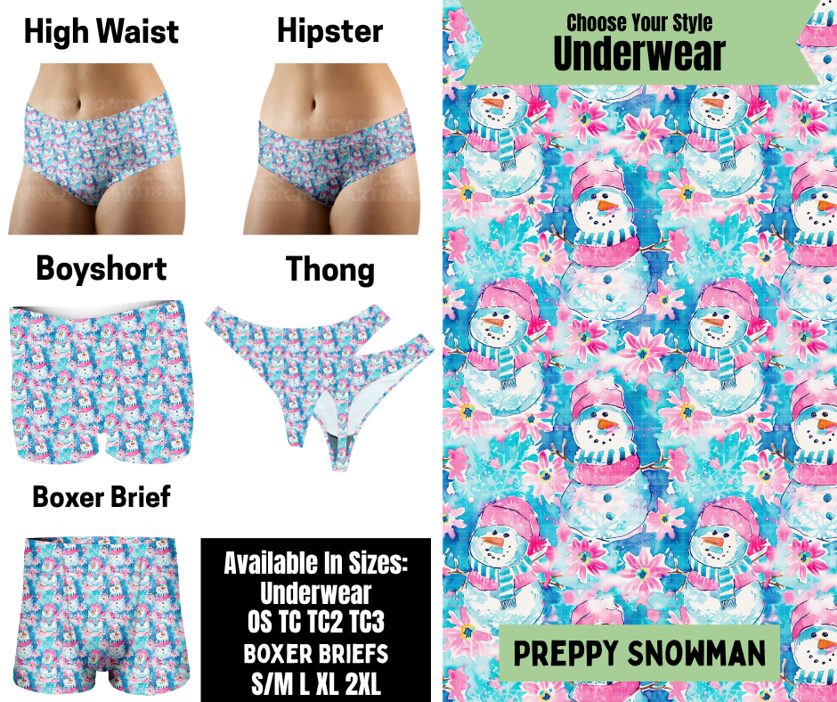 Preorder! Closes 8/25. ETA Nov. Preppy Snowman Hipster, High Waist, Boyshort, & Thong Underwear & Boxer Briefs