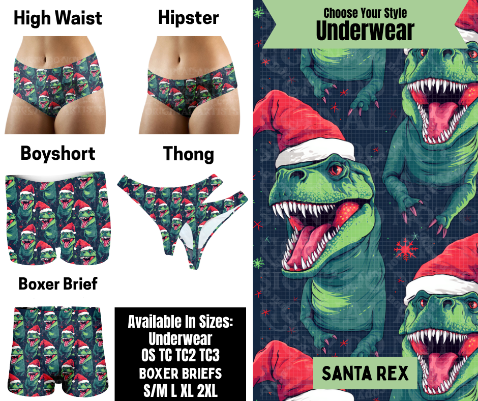Preorder! Closes 8/25. ETA Nov. Santa Rex Hipster, High Waist, Boyshort, & Thong Underwear & Boxer Briefs