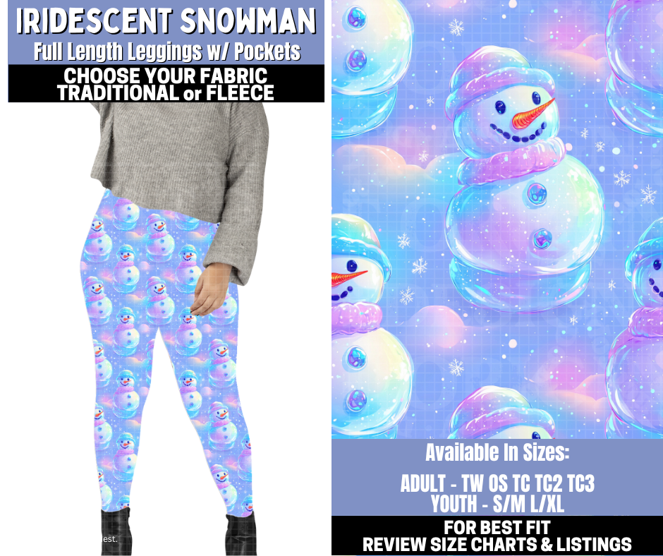 Preorder! Closes 10/30. ETA Jan. Iridescent Snowman Leggings Choose Fleece or Traditional
