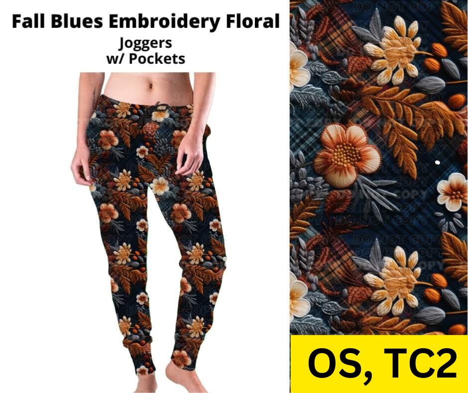 Fall Blues Embroidery Floral Joggers
