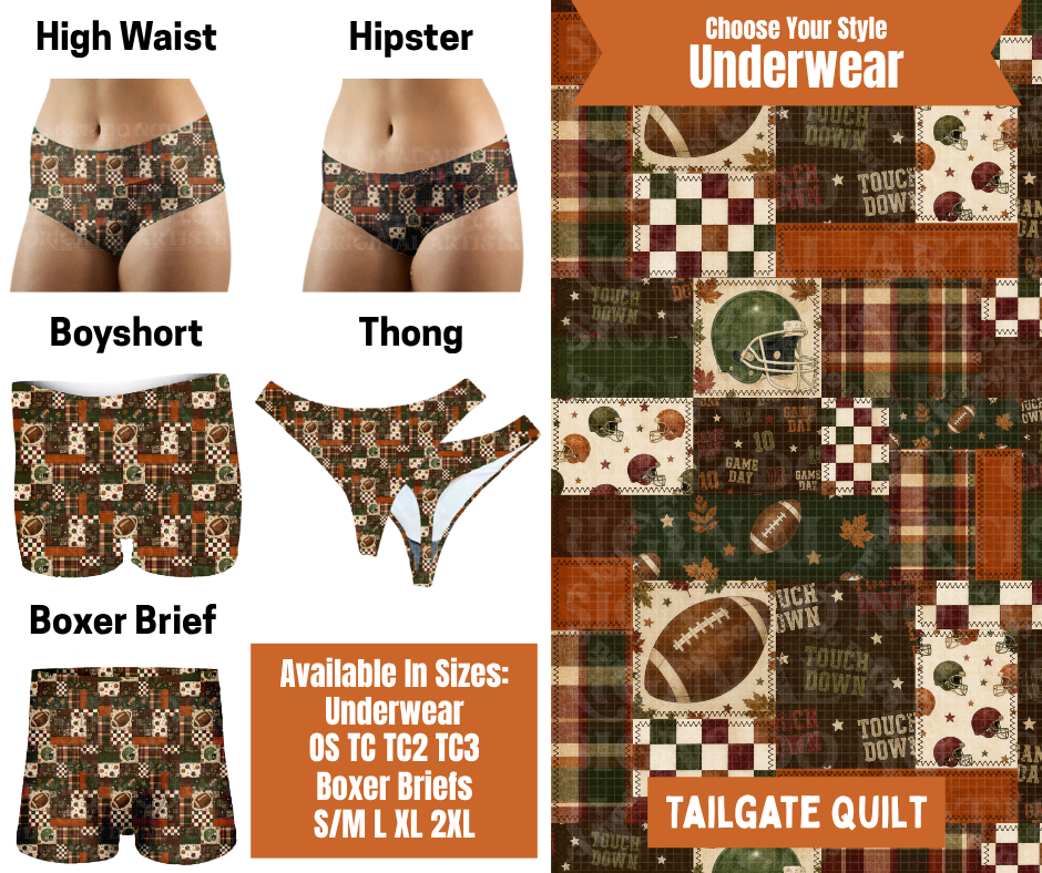 Preorder! Closes 7/30. ETA Oct. Tailgate Quilt Hipster, High Waist, Boyshort, & Thong Underwear & Boxer Briefs