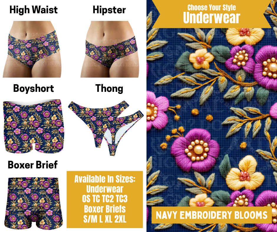 Preorder! Closes 10/28. ETA Jan. Navy Embroidery Blooms Hipster, High Waist, Boyshort, & Thong Underwear & Boxer Briefs