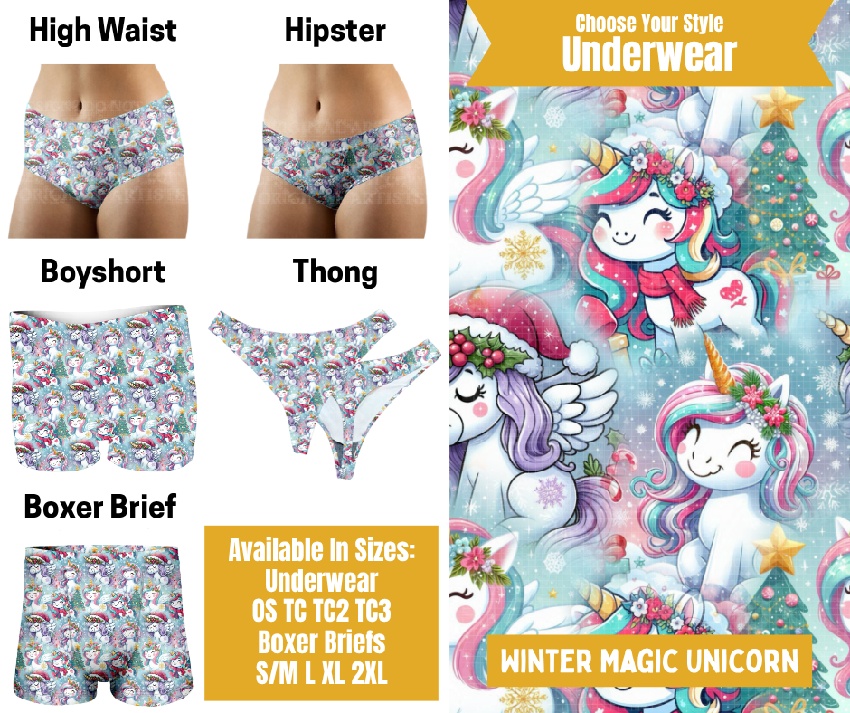 Preorder! Closes 10/28. ETA Jan. Winter Magic Unicorn Hipster, High Waist, Boyshort, & Thong Underwear & Boxer Briefs