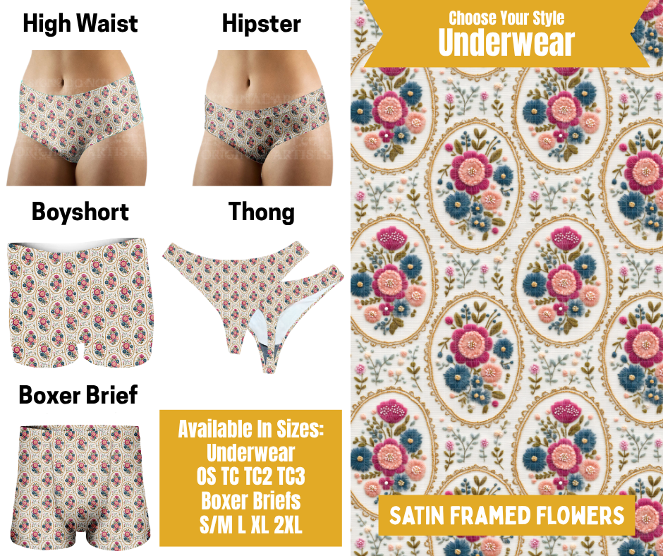 Preorder! Closes 10/28. ETA Jan. Satin Framed Flowers Hipster, High Waist, Boyshort, & Thong Underwear & Boxer Briefs