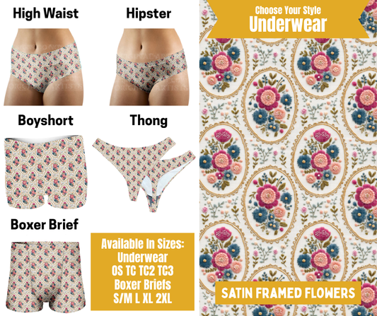 Preorder! Closes 10/28. ETA Jan. Satin Framed Flowers Hipster, High Waist, Boyshort, & Thong Underwear & Boxer Briefs