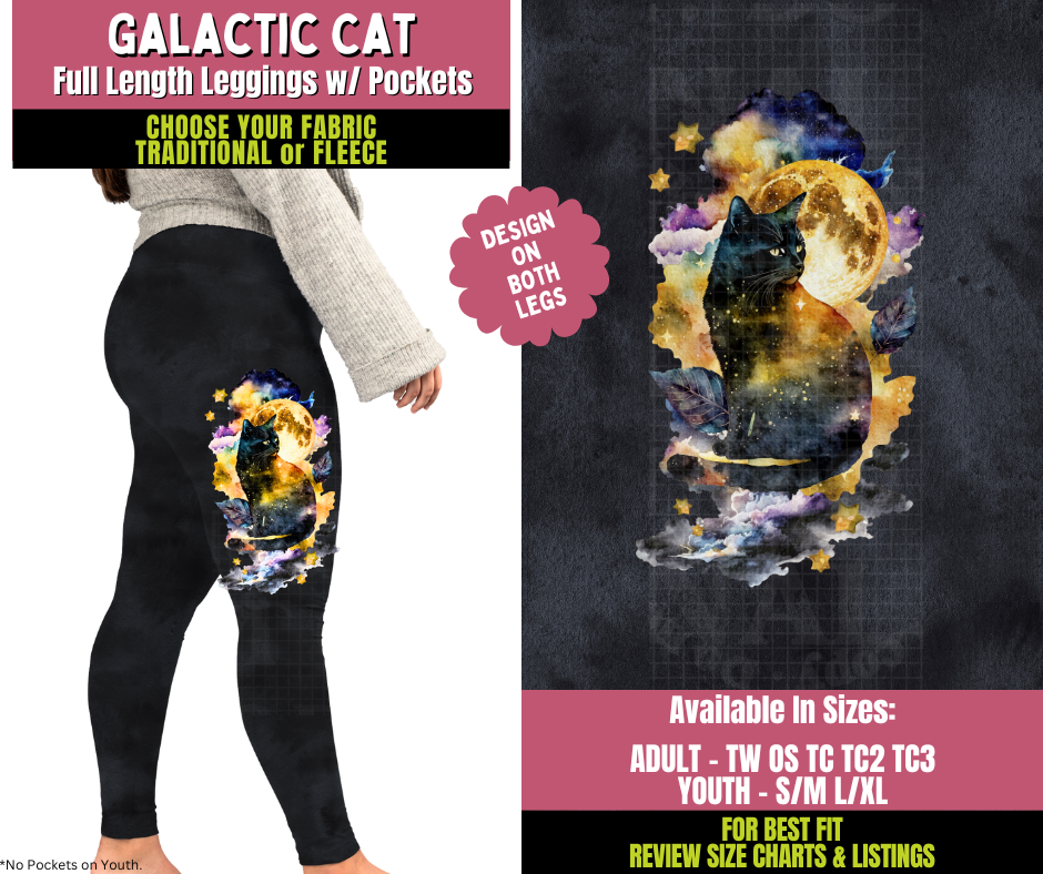 Preorder! Closes 11/5. ETA Jan. Galactic Cat Watercolor Leggings w/ Side Leg Designs Choose Fleece or Traditional
