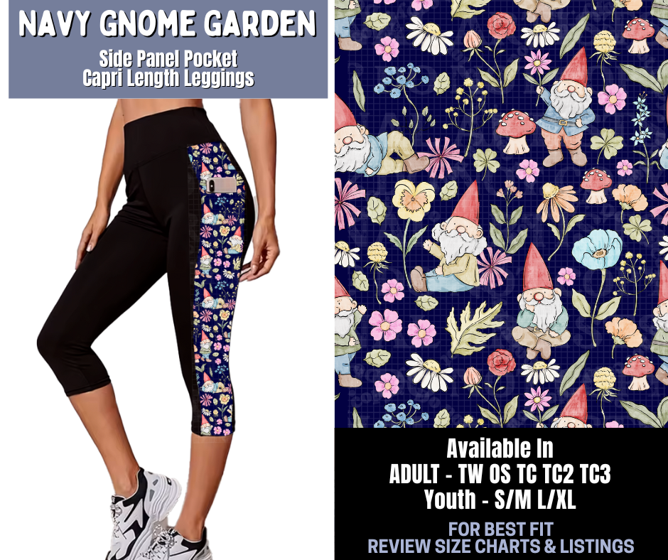 Preorder! Closes 1/8. ETA March. Navy Gnome Garden Side Panel Pocket Capri Length Leggings