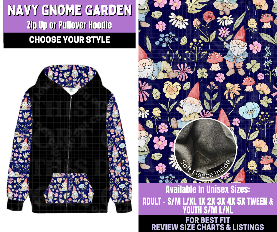 Preorder! Closes 1/5. ETA March. Navy Gnome Garden Zip-Up or Pullover Hoodie