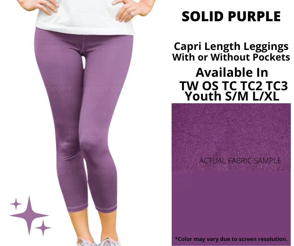 Preorder! Closes 1/14. ETA April. Solid Purple Capri Length Leggings w/wo Pockets
