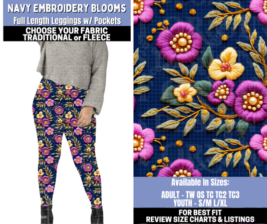 Preorder! Closes 10/30. ETA Jan. Navy Embroidery Blooms Leggings Choose Fleece or Traditional