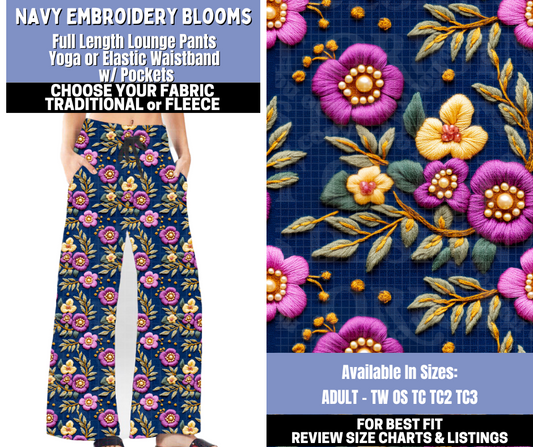 Preorder! Closes 10/30. ETA Jan. Navy Embroidery Blooms Lounge Pants Choose Fleece or Traditional