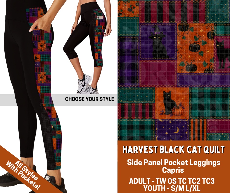 Preorder! Closes 7/13. ETA Oct. Harvest Black Cat Quilt Combo Side Panel Legging Lengths