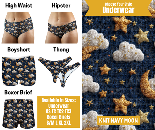 Preorder! Closes 10/28. ETA Jan. Knit Navy Stars Hipster, High Waist, Boyshort, & Thong Underwear & Boxer Briefs