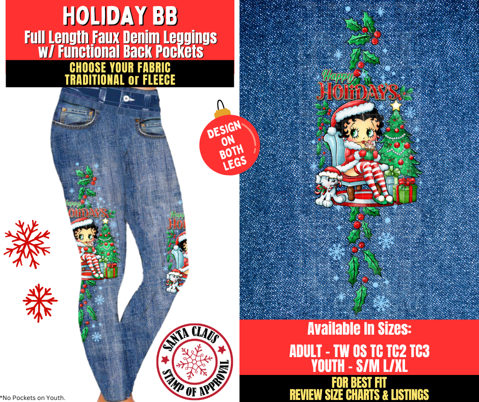 Preorder! Closes 8/27. ETA Nov. Holiday BB Faux Denim Leggings w/ Side Leg Designs Choose Fleece or Traditional