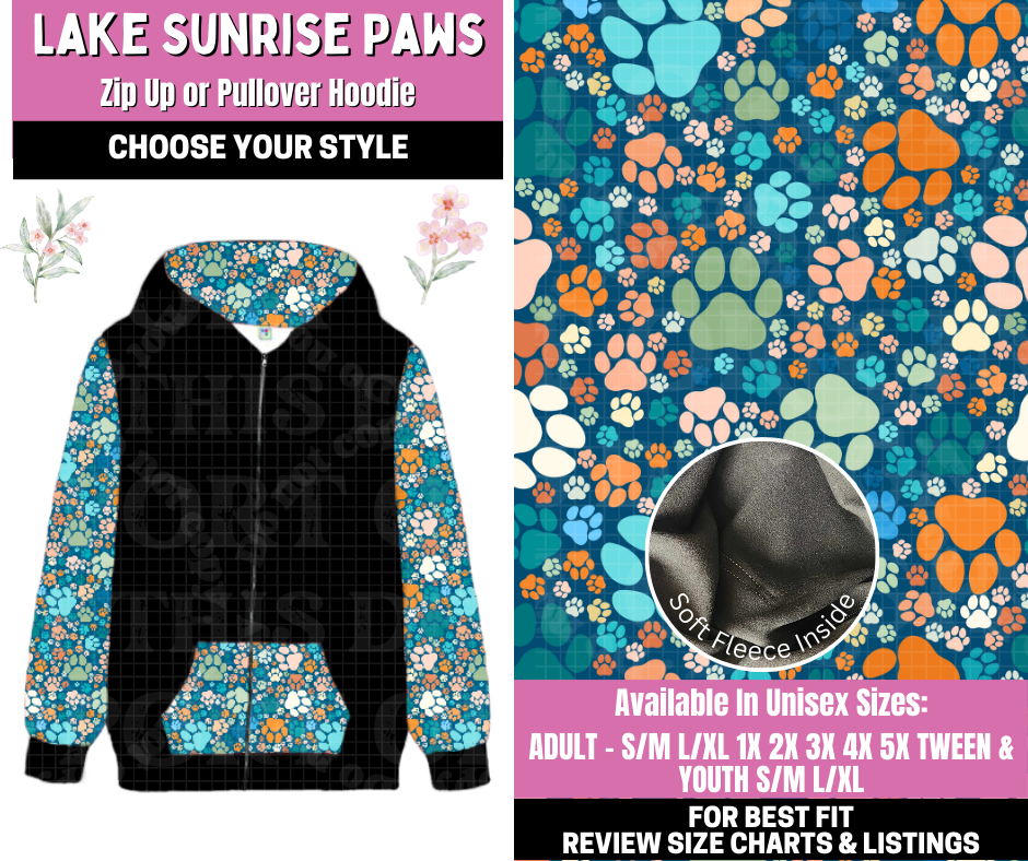 Preorder! Closes 1/12. ETA March. Lake Sunrise Paws Zip-Up or Pullover Hoodie