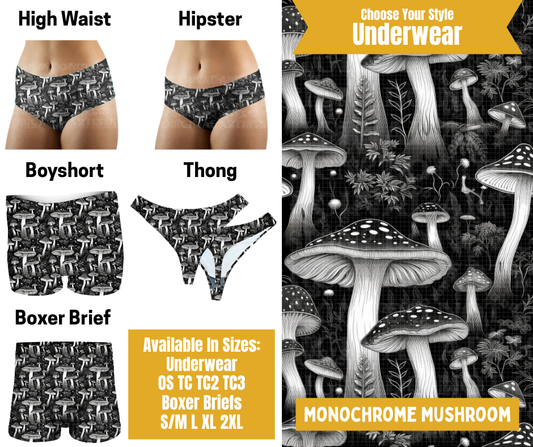 Preorder! Closes 10/28. ETA Jan. Monochrome Mushroom Hipster, High Waist, Boyshort, & Thong Underwear & Boxer Briefs